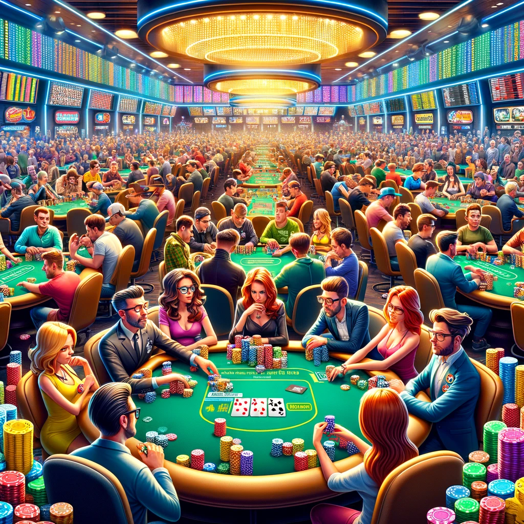 Many people playing a progressive knockout poker tournament